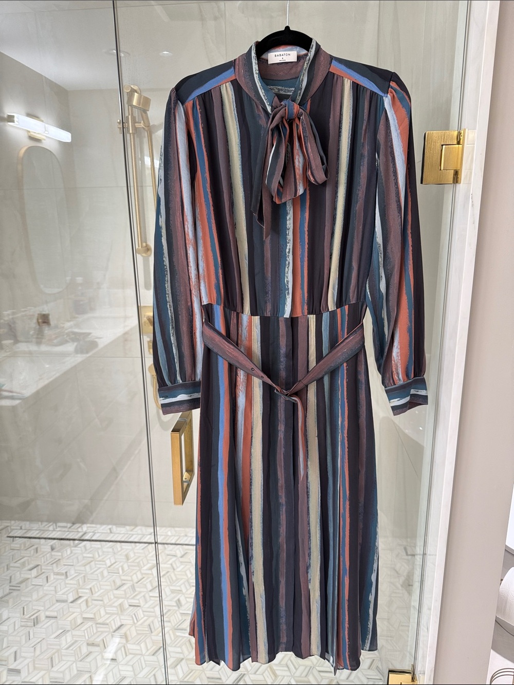 Babaton Striped Tie-Neck Midi Dress in Blue Multi - Picture 2 of 4